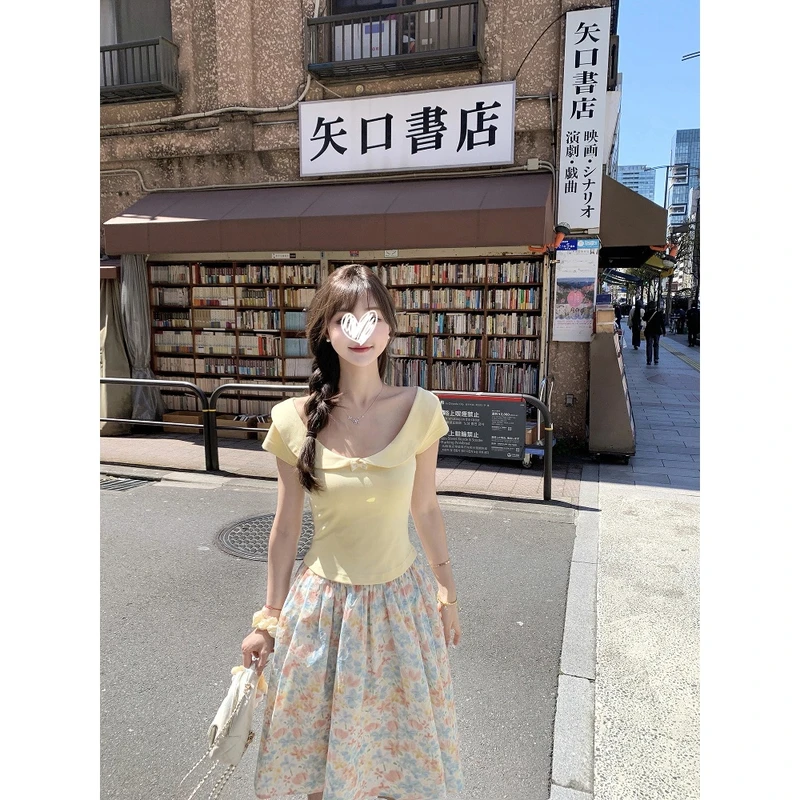 昭和doll娃娃领蝴蝶结少女感萌系短款T恤上衣碎花A字中裙套装
