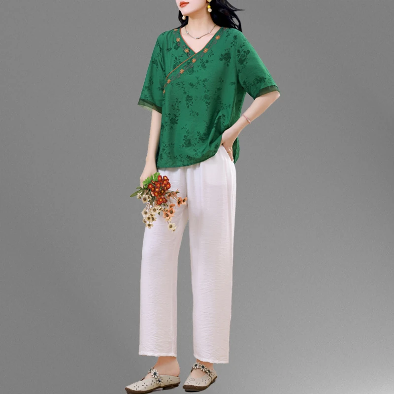 天丝麻国风套装2025夏季新中式大码女装衬衫宽松休闲阔腿裤两件套