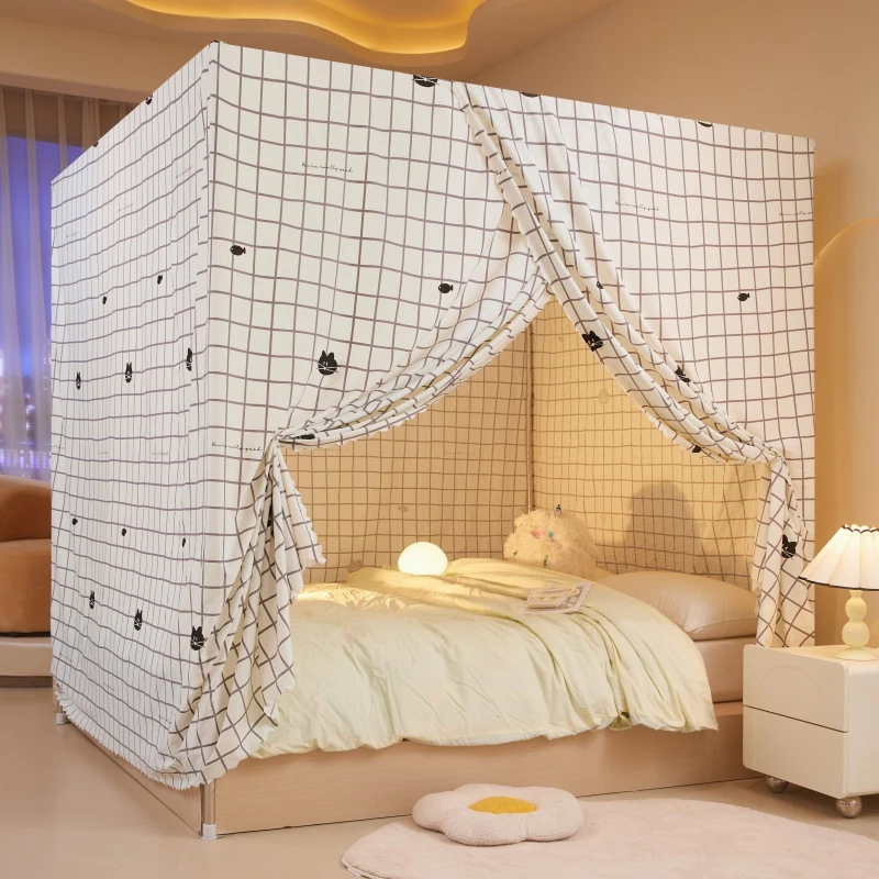 全棉一体式布蚊帐保暖床幔加厚床帘遮光布床帐挡风1.5米1.8m纹帐