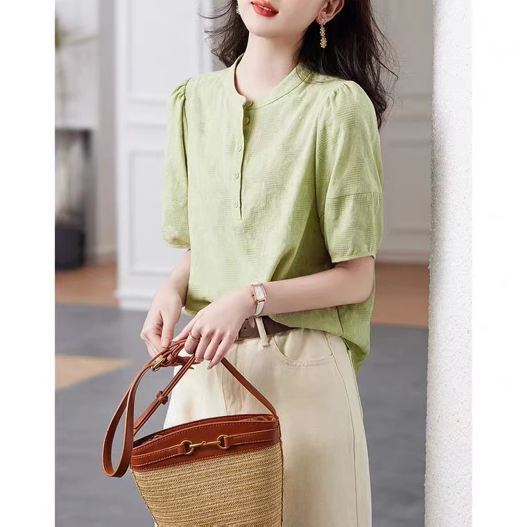 2025夏季新款法式圆领短袖衬衫女式泡泡袖设计感通勤宽松休闲上衣