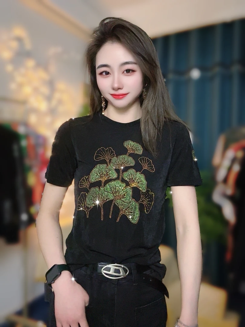 【夏季新款】银杏短袖t恤女装重工烫钻欧货小衫洋气亮钻上衣T2439