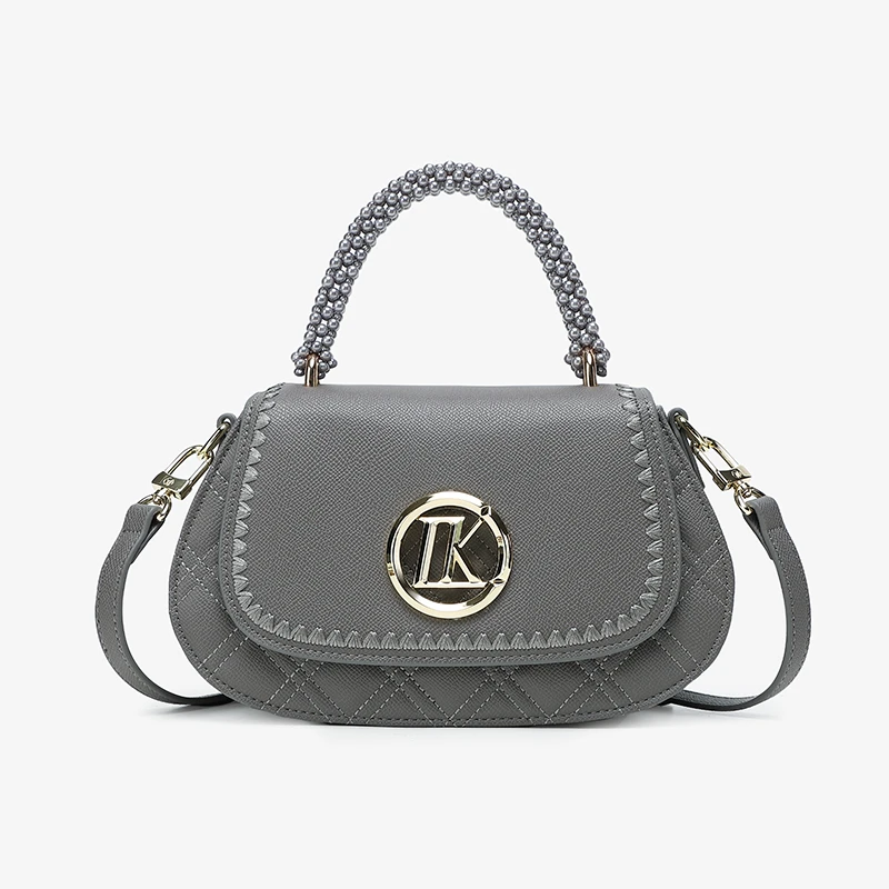 精致珍珠手提马鞍包手提斜挎包（LK9023灰色）