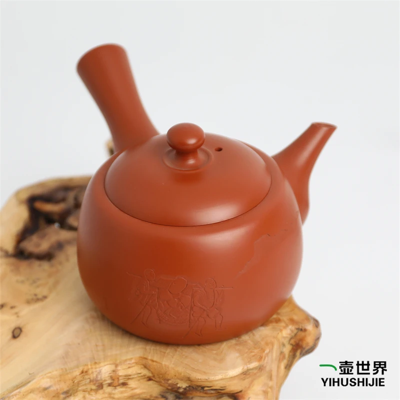 常滑烧急须 光影 朱泥雕刻 250ml 纯手工日式紫砂侧把陶茶壶