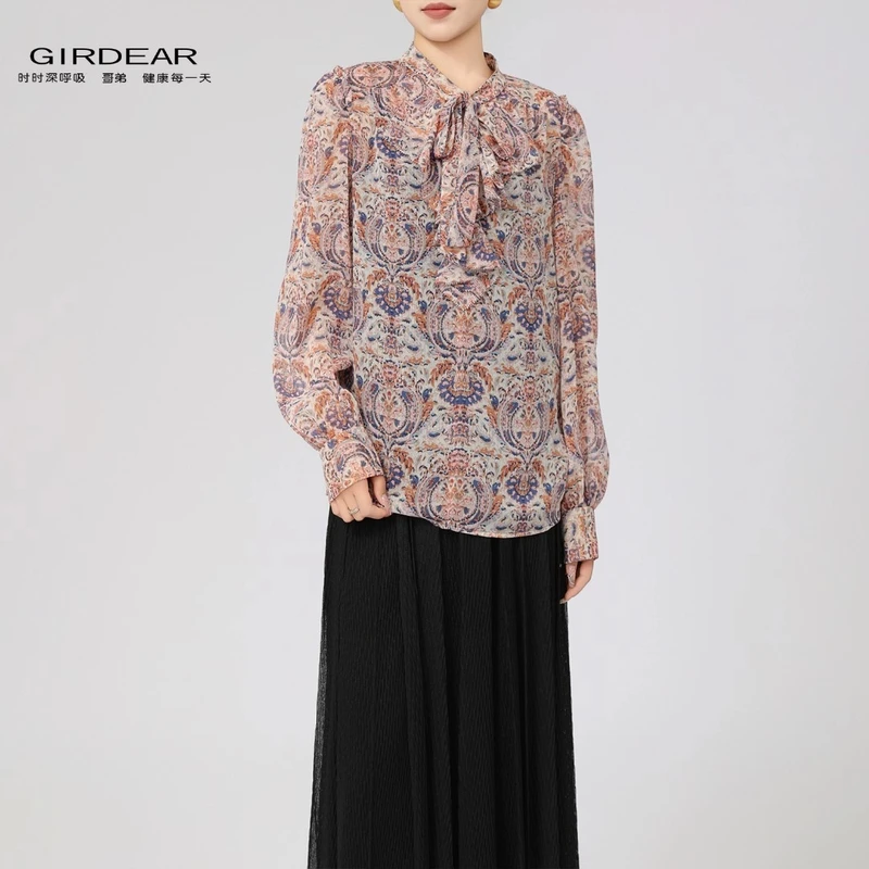 GIRDEAR/哥弟夏季复古长袖衬衫V领防晒法式百搭飘带衬衣女1300982