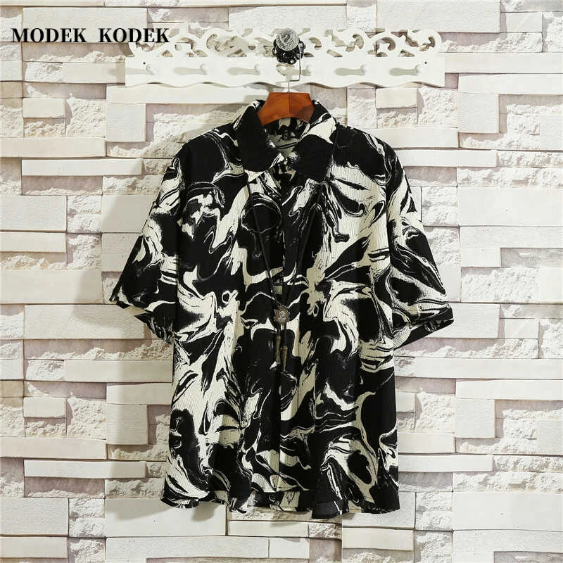 MODEK KODEK夏季薄款男宽松印花半袖高级感潮牌时尚百搭韩版衬衣