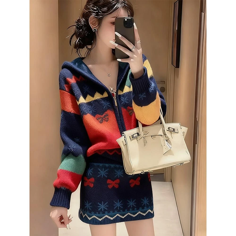 2025复古费尔岛毛衣套装女秋冬撞色提花小个子穿搭两件套藏蓝色