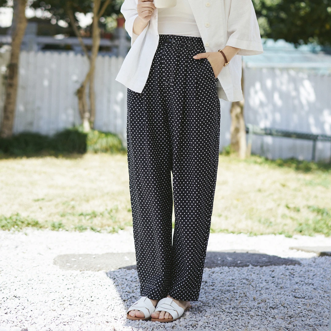 ｜去小镇读书｜黑底白波点印花纯亚麻高腰休闲长裤夏女直筒裤
