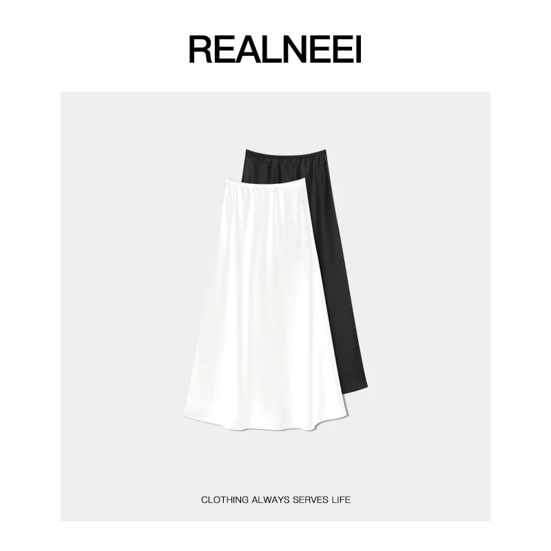 REALNEEI【浮光】夏季高腰显瘦中长款半身裙缎面裙子01270