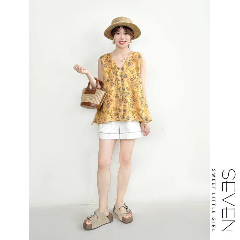126花间小衫⑧七七146小个子法式碎花小众无袖背心衬衫女夏小美说