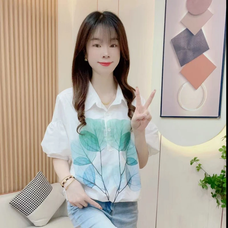 现货【荷塘月色】新款时尚印花衬衫女2025夏季小个子洋气减龄上衣1