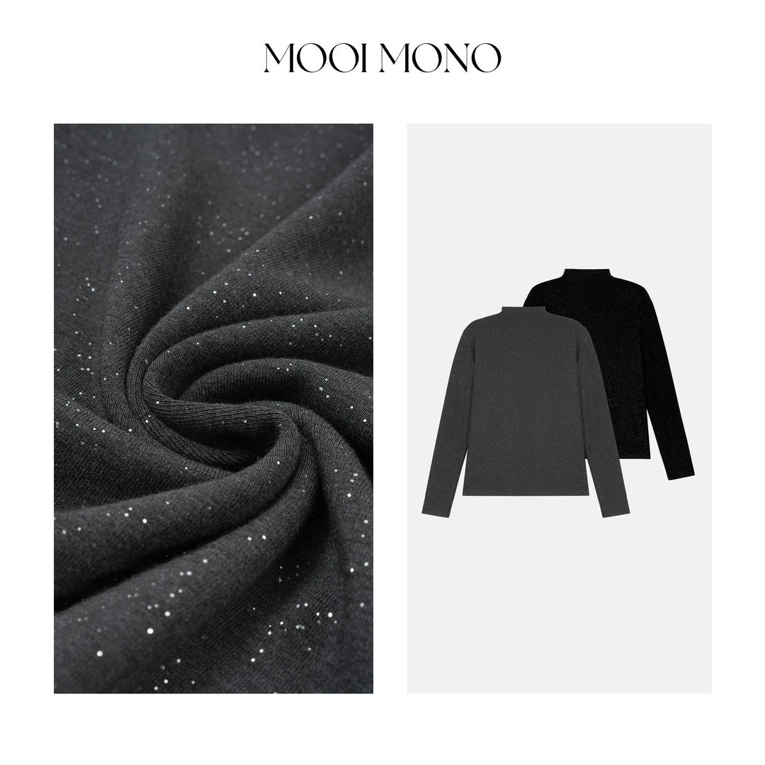 MOOI MONO"星海" 显瘦秋冬半高领烫银舒适轻奢感宽松T恤 T338A43