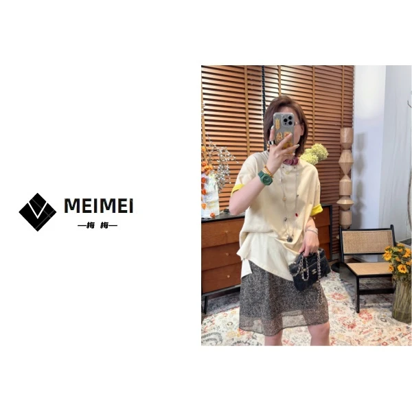 XMM.【幢色翻边袖t】时尚百搭潮流显瘦洋气宽松休闲气质撞色-GZ3368