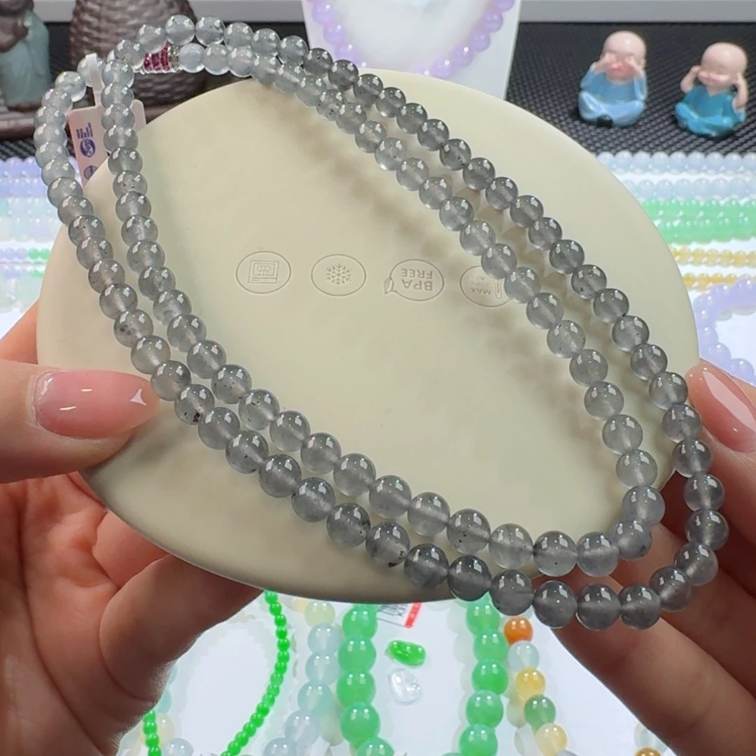 翡翠手链未镶嵌高冰玻黑钢长串6mm
