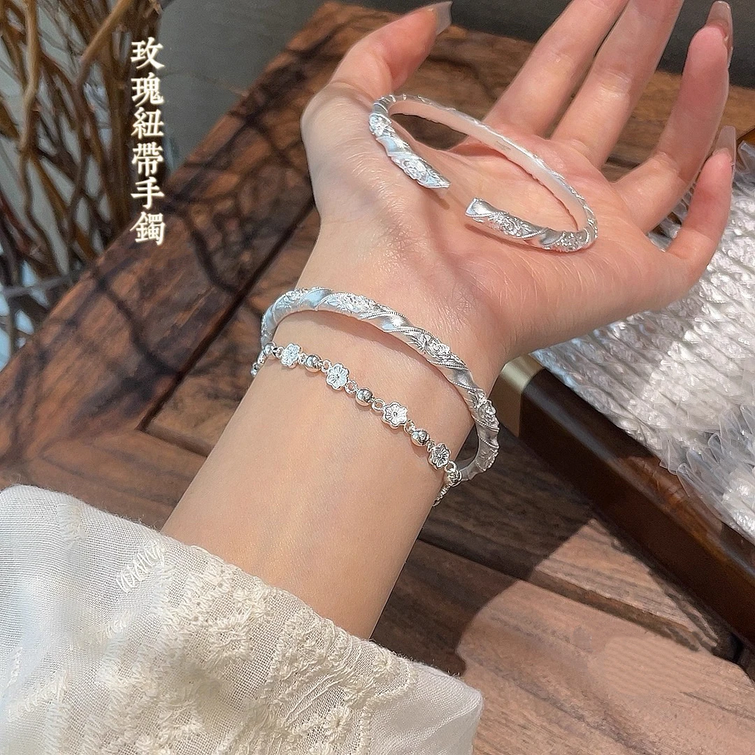 足银手镯 足银999新中式玫瑰纽带银手镯轻奢时尚开口七夕送女友礼
