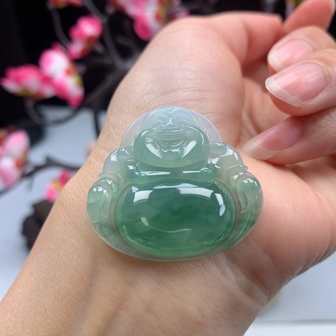 老坑老料缅甸天然翡翠A货冰种起胶满绿飘花气质大佛公吊坠时尚