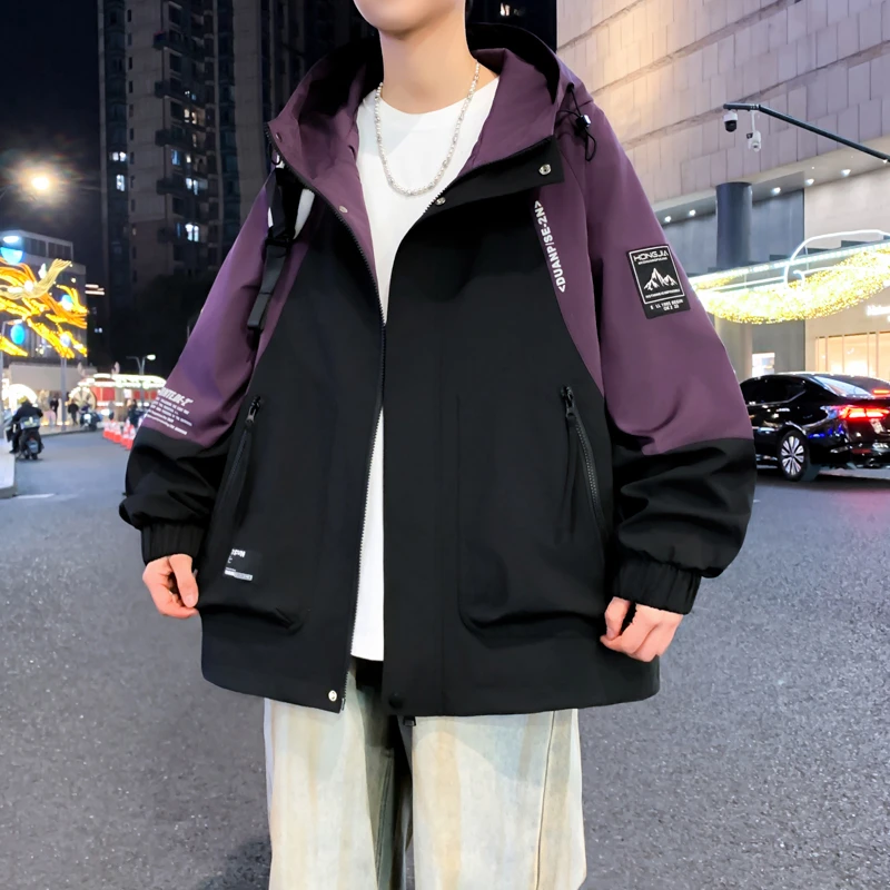 2025春季新款拼色港风连帽工装外套男青少年韩版潮流帅气时尚外衣