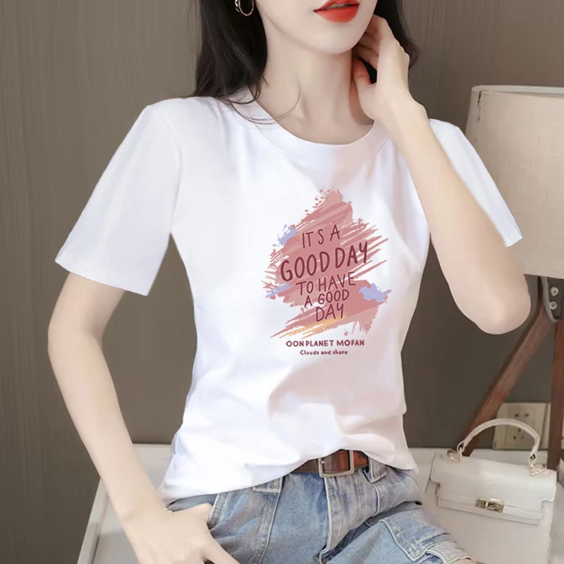 印花圆领正肩纯女短袖恤女2025新款夏季爆款修身显瘦百搭上衣潮
