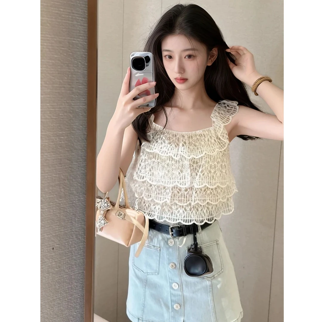小众设计感绝美上衣2025夏季新款甜美少女感手工蕾丝花边纯欲背心