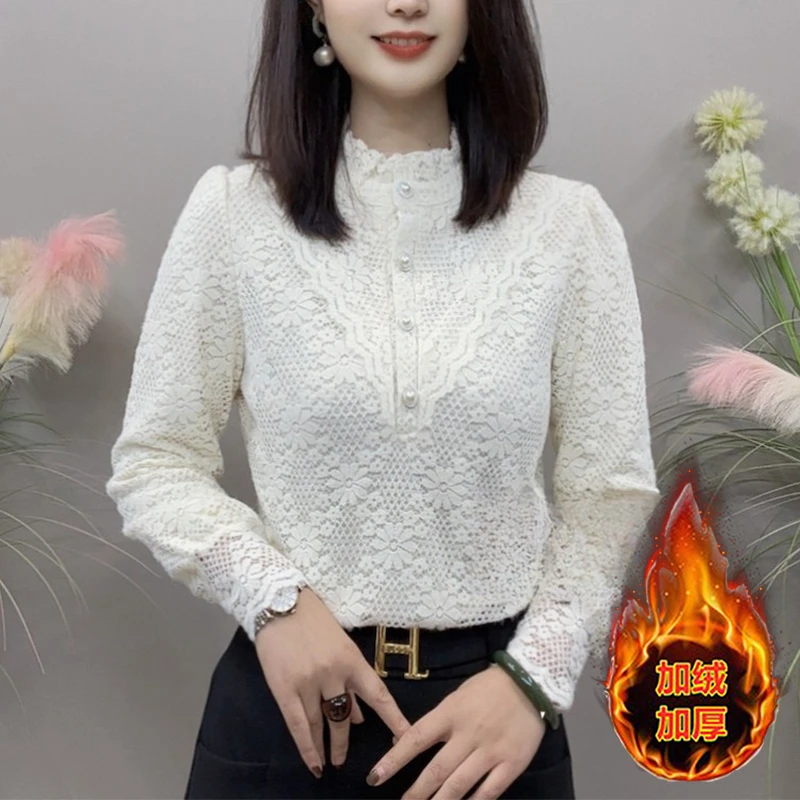秋冬新款加绒保暖植绒上衣打底衫女木耳花边领长袖气质百搭衬衫女