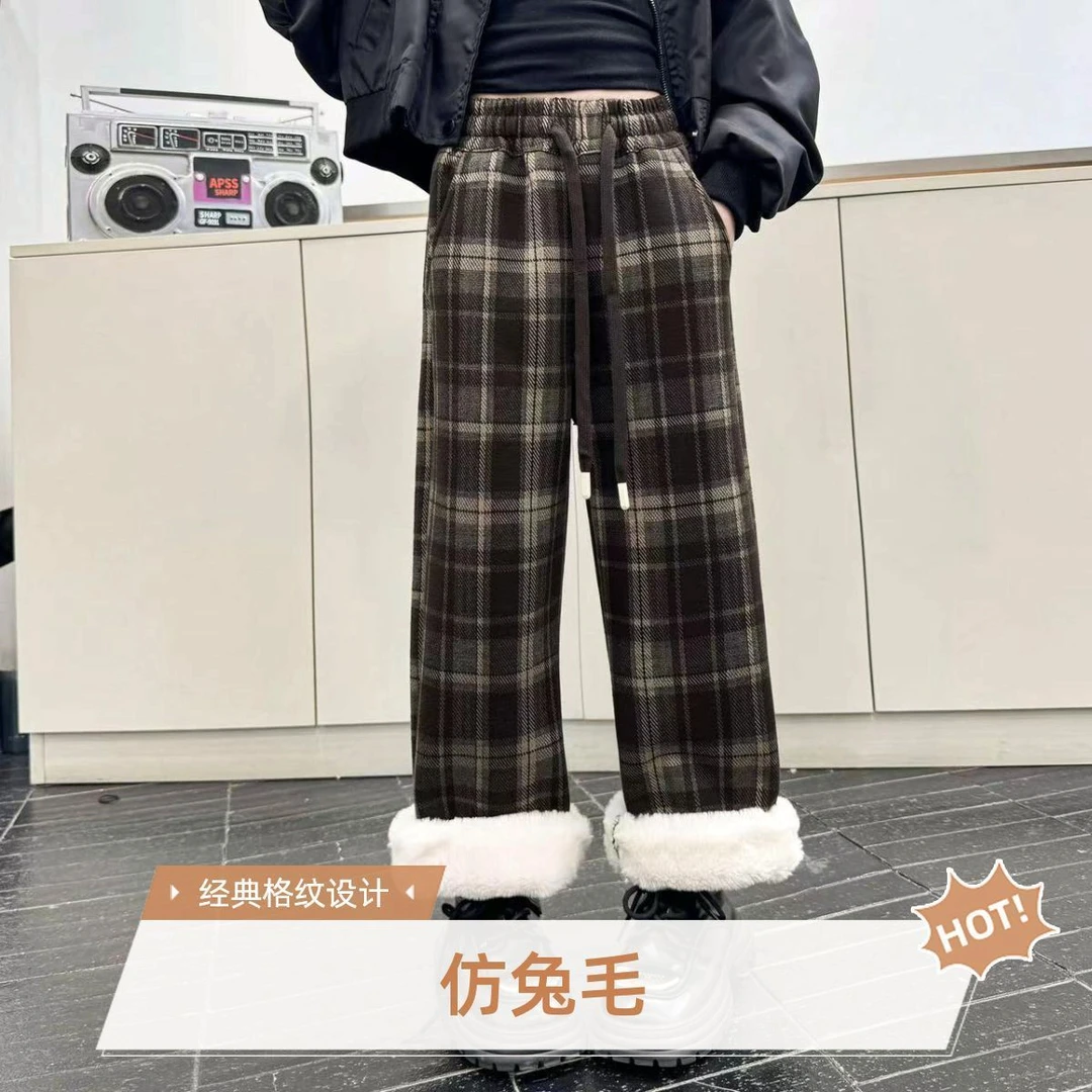 巨厚仿兔绒亲子装加绒加厚格子裤保暖裤儿童冬季加厚棉裤一条过冬