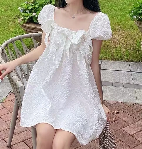 2059#泡泡袖蝴蝶结连衣裙