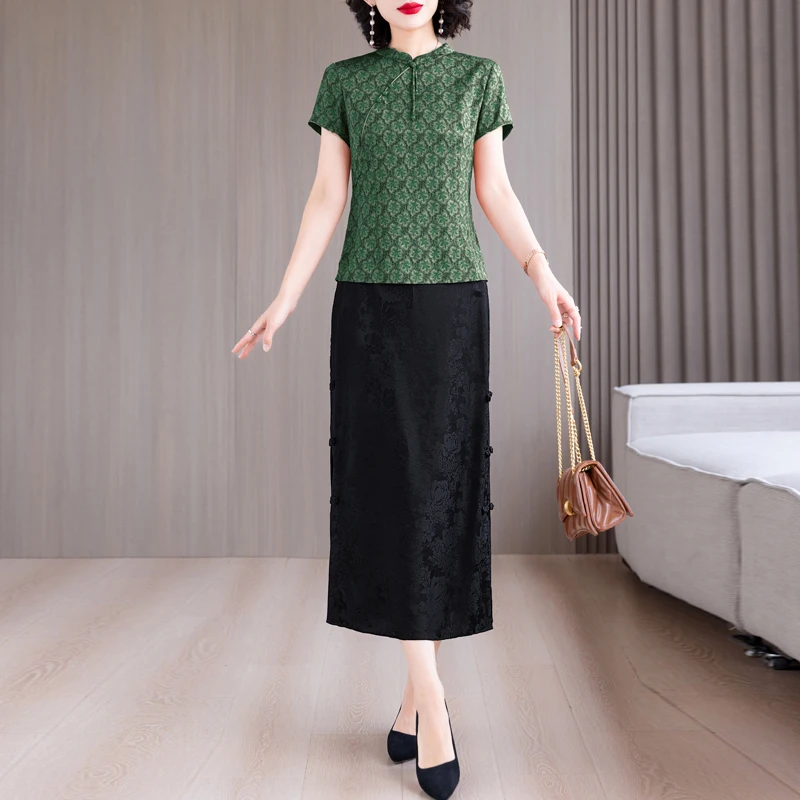 复古盘扣立领上衣女短袖夏薄款中年妈妈装碎花套装大码中国风显瘦