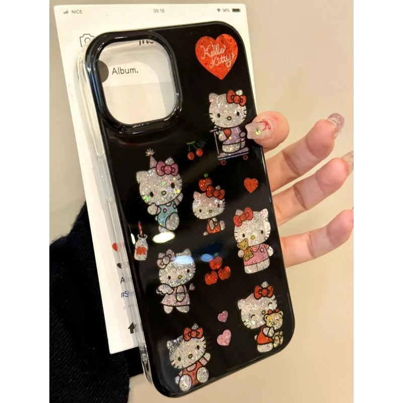 奥菲顿黑底爱心kt适用iPhone16/15pro滴胶闪粉14手机壳13苹果12套