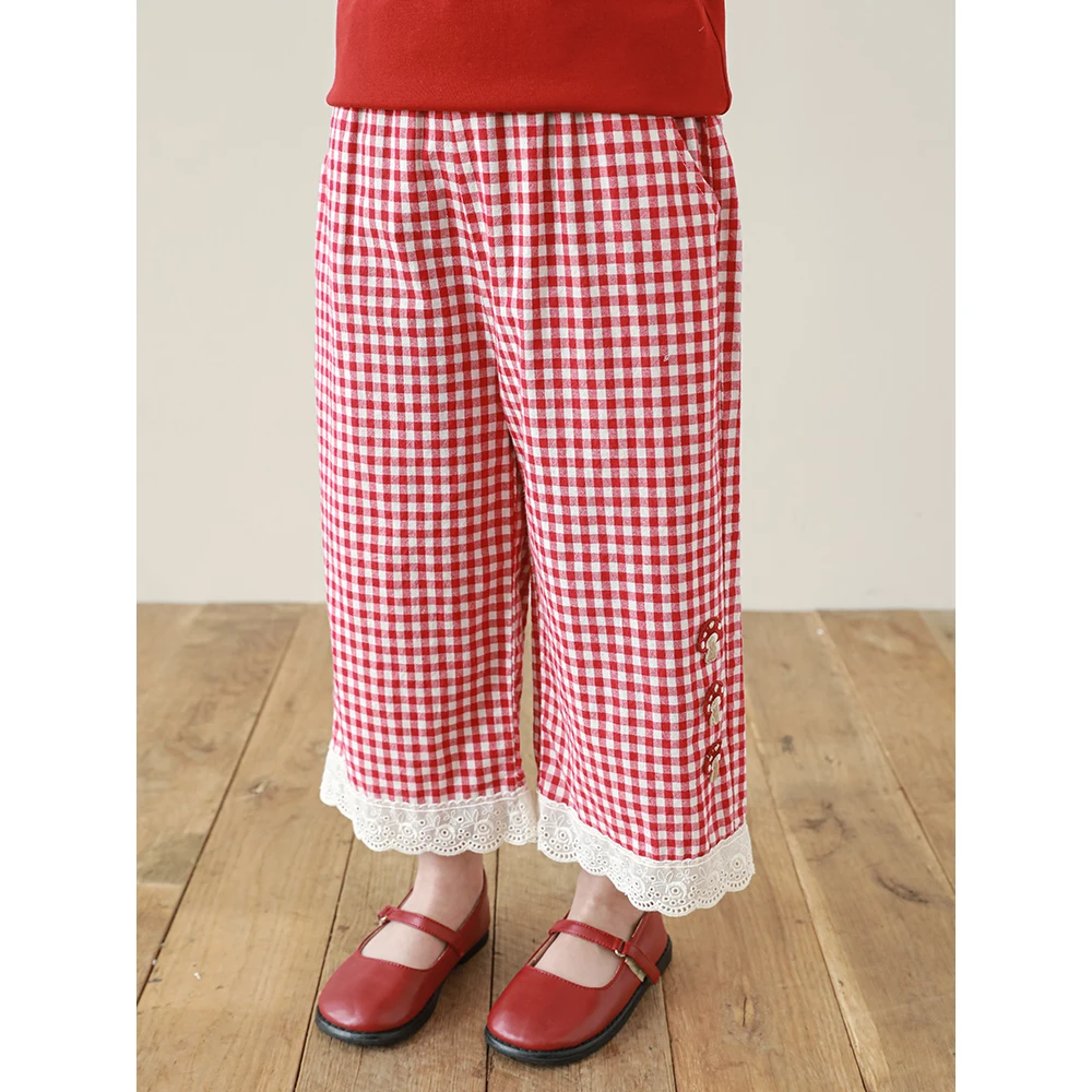 幼悠女童夏装格子蘑菇花边休闲裤女孩时尚裤子儿童森系服装X4924