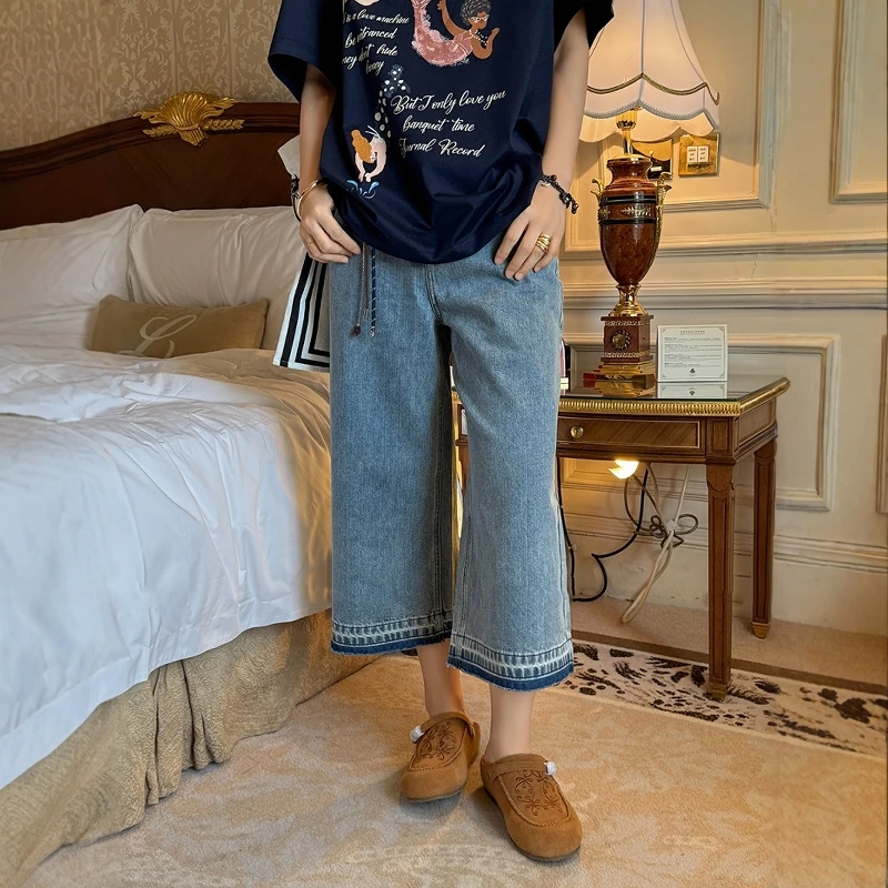 【毛边八分牛仔裤】2025春新品复古宽松休闲百搭水洗做旧牛仔裤女