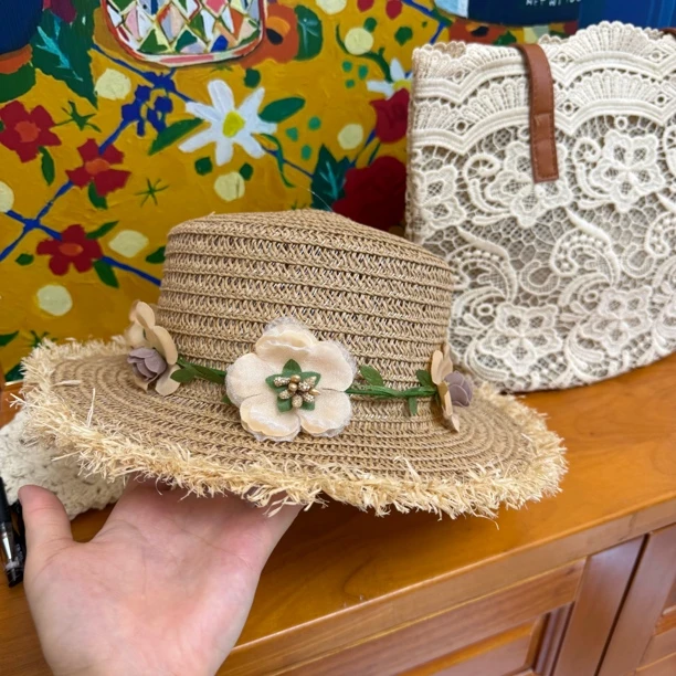 平顶遮阳帽平檐卡通草帽法式帽子洋气夏天韩版编织