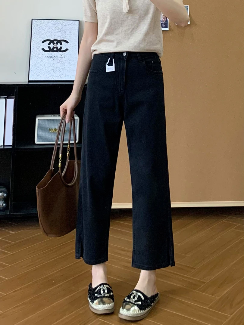 夏季薄款天丝牛仔裤女黑色高腰显瘦大码胖mm梨形身材直筒九分裤子