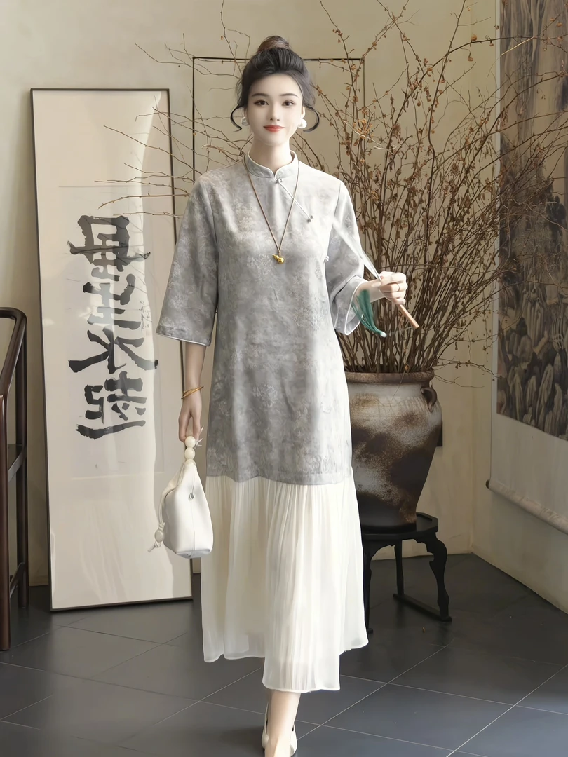 QEIIWMVIP/柒院早秋新中式旗袍裙七分袖印花遮肉显瘦连衣裙7067