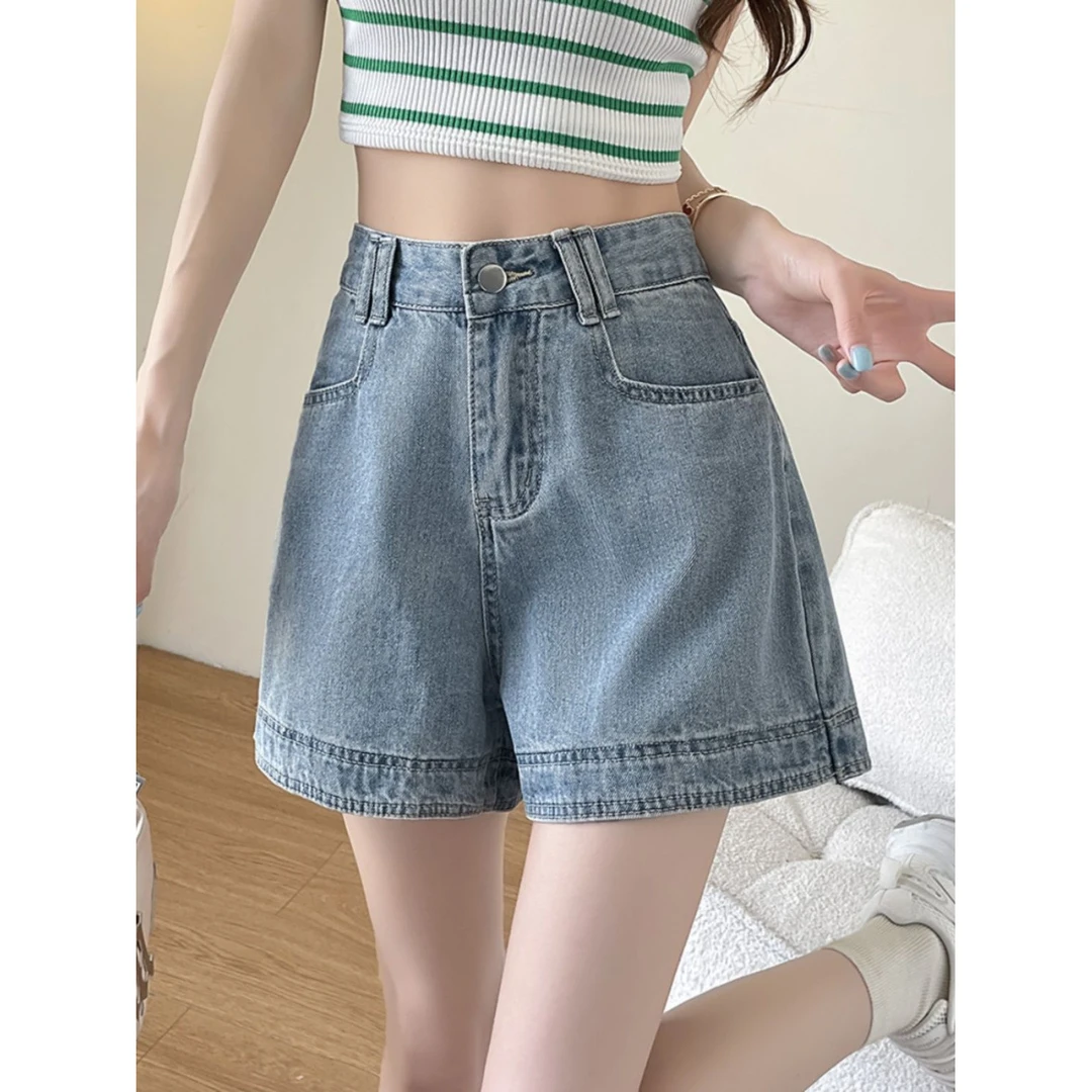 新款浅灰牛仔热裤女新款夏季高腰瘦腿宽松字裤气质名媛磨白