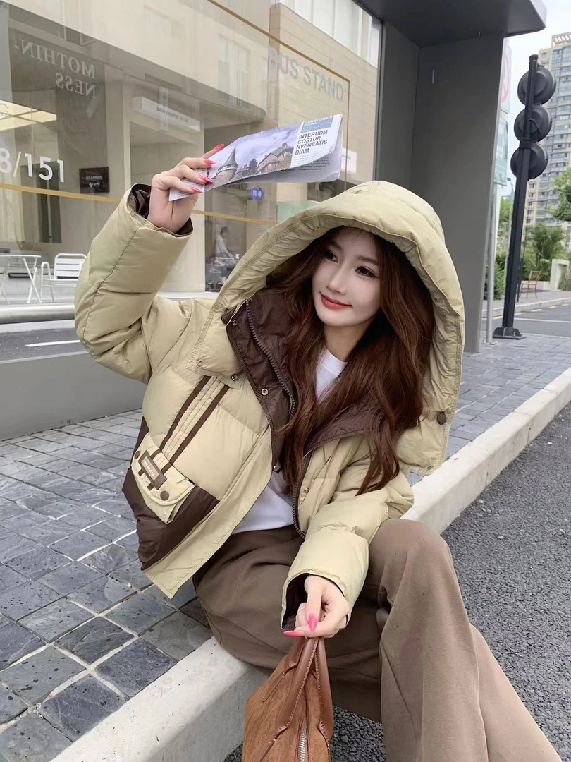 女式短款拼接活帽休闲韩版羽绒服