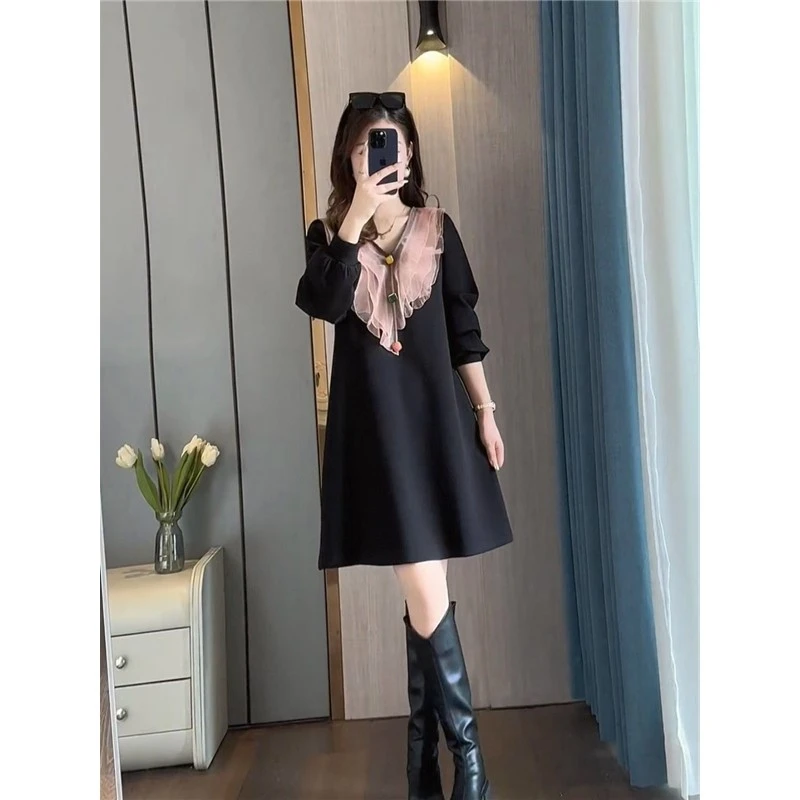 法式设计感长袖中长裙春秋季连衣裙女遮肚子显瘦时尚洋气高档新款