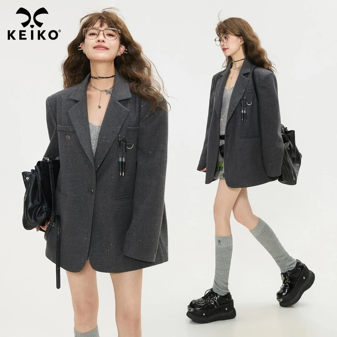 KEIKO 高级感廓形灰色西装外套25新款通勤休闲松弛宽肩小西服套装