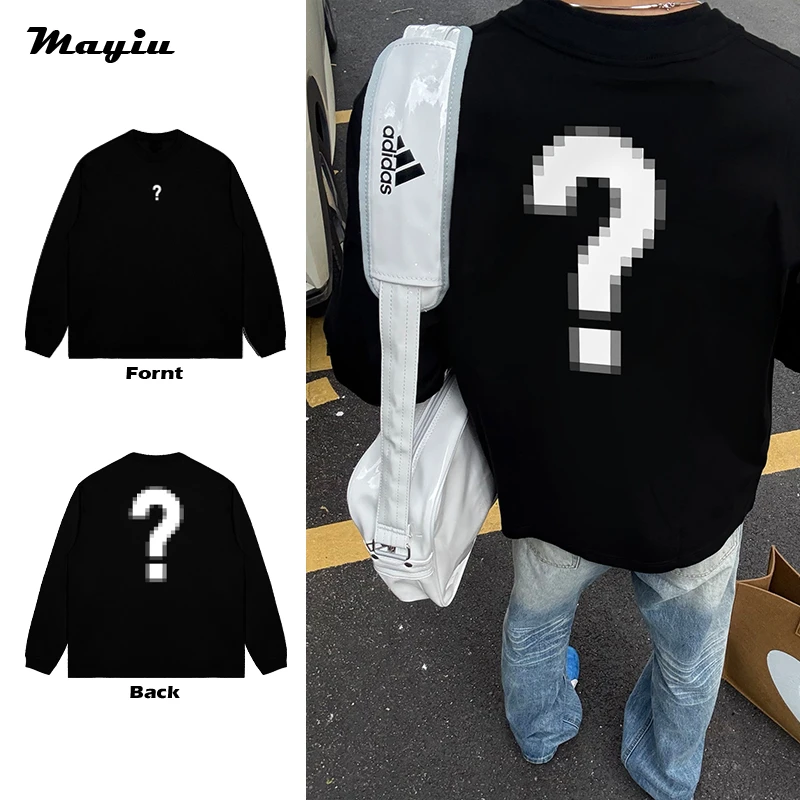 小众美式高街问号像素风图案印花简约透气圆领百搭潮流长袖T恤
