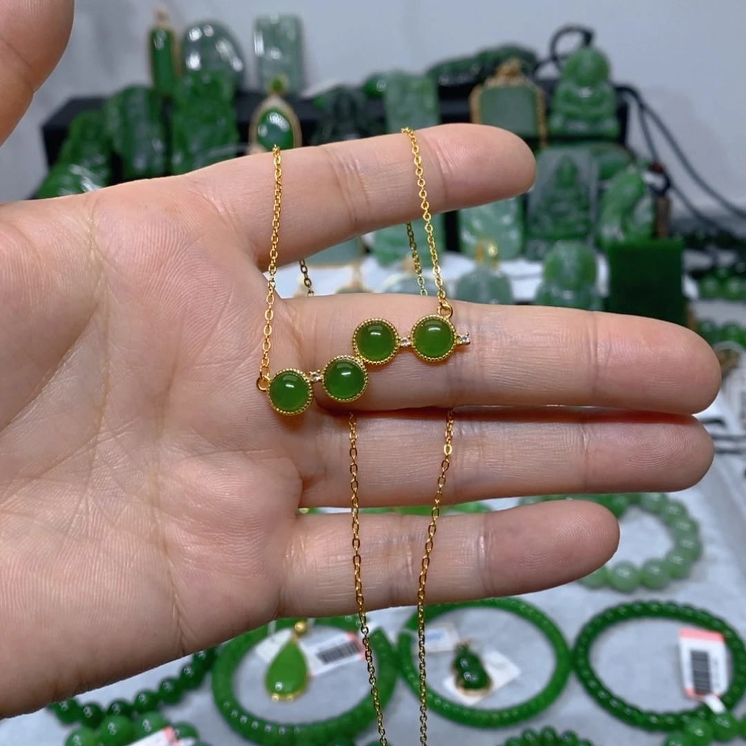 和田玉（碧玉）银S925镀金镶嵌颈饰