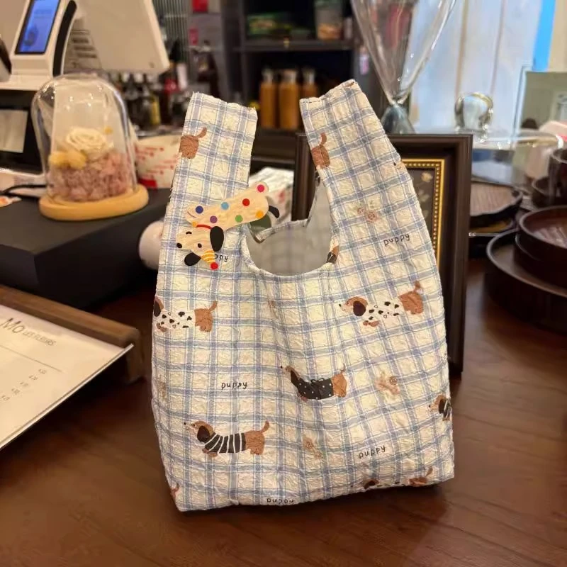 腊肠狗蓝色格子便当手提袋卡通可爱大容量夏季新款手腕包便携通勤