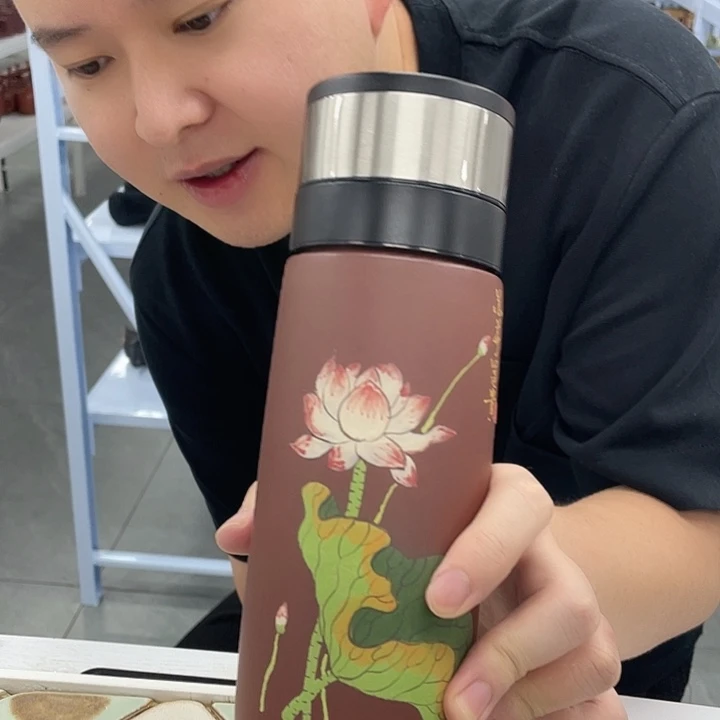 茶杯紫砂龙血砂 彩绘荷花双层车载啊