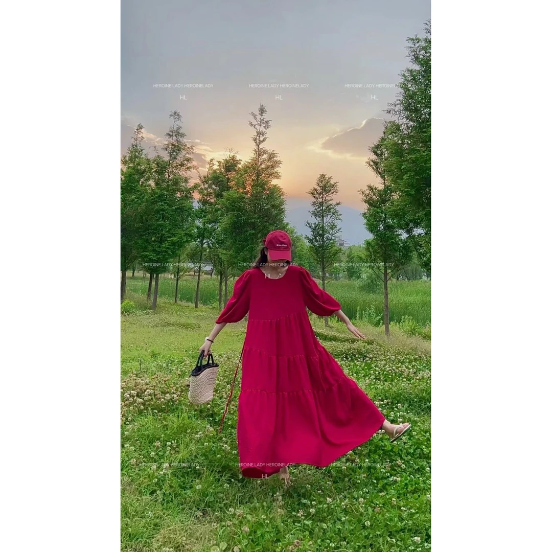 【爱的华尔兹】HL夏长款短袖宽松纯色圆领韩系公主时尚蛋糕连衣裙