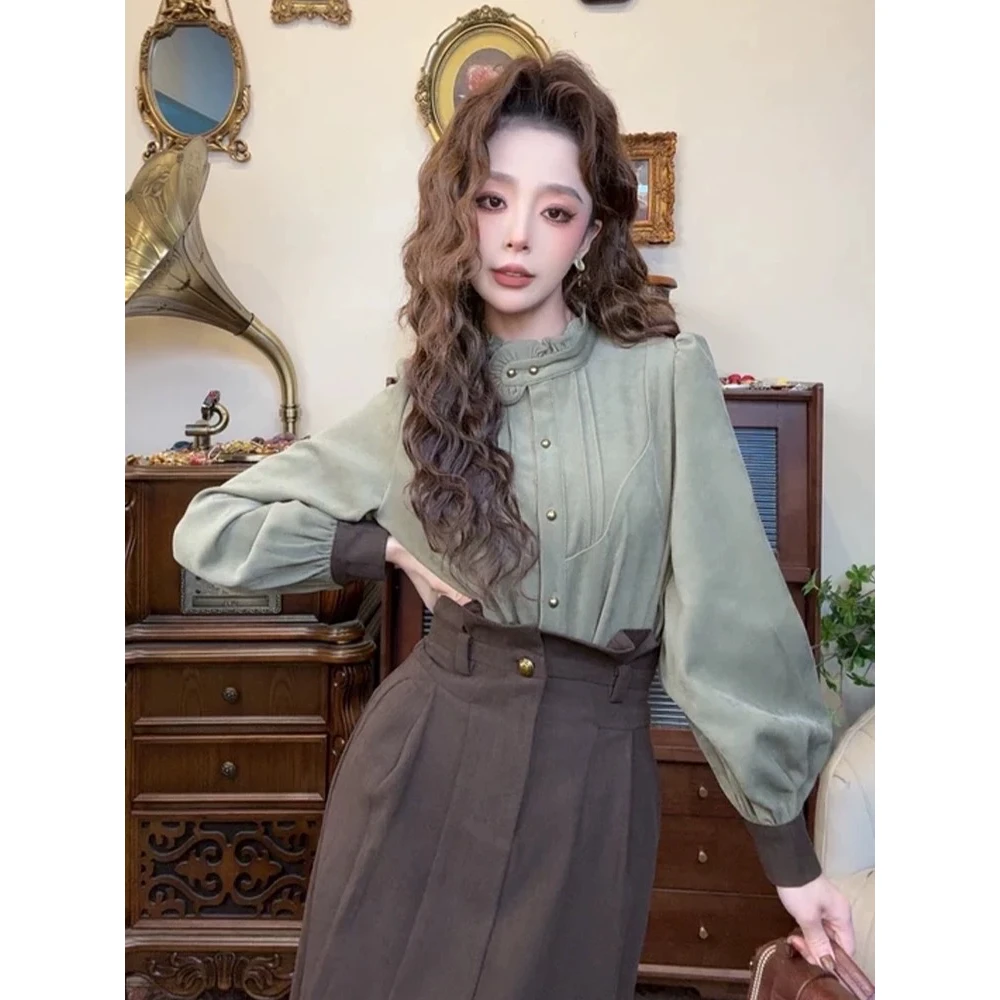 衬衫气质显瘦时尚法式复古秋季女装设计感立领小众510