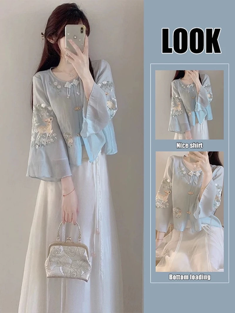 新中式国风改良汉服衬衫女甜美设计感半身裙今年流行漂亮套装裙