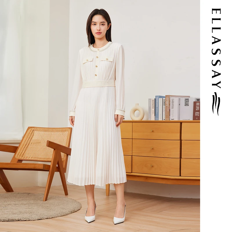 ELLASSAY歌力思2025早春新款高定珠片花纱拼接连衣裙EWU361Y01600