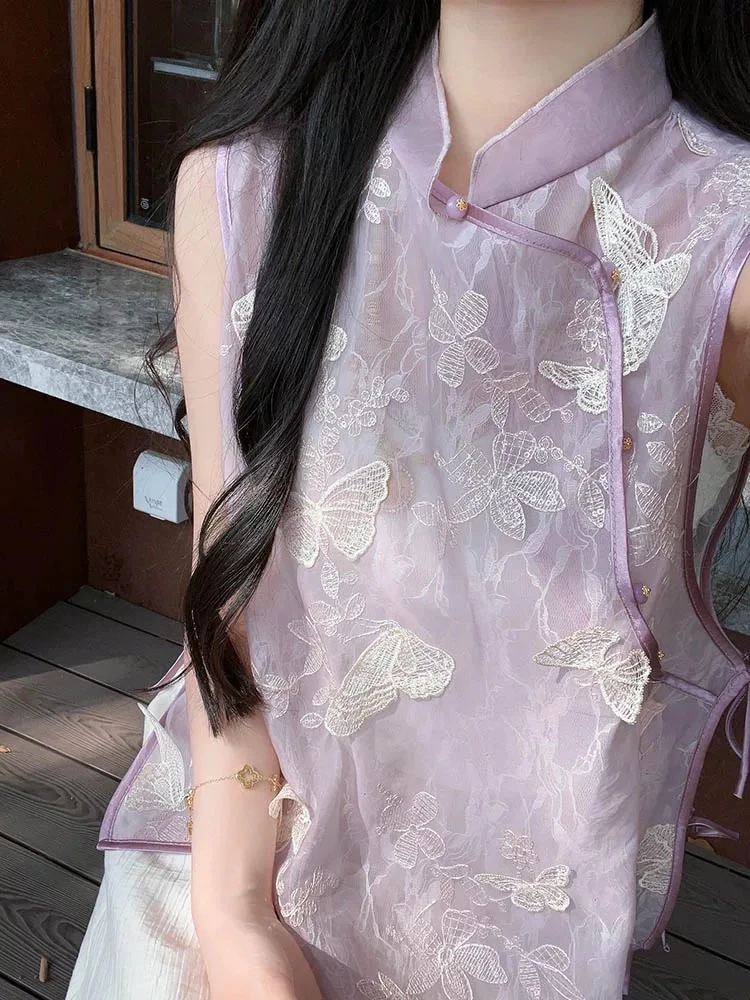 新中式旗袍马甲套装风蝴蝶刺绣无袖薄款复古新中式夏季外穿罩衫