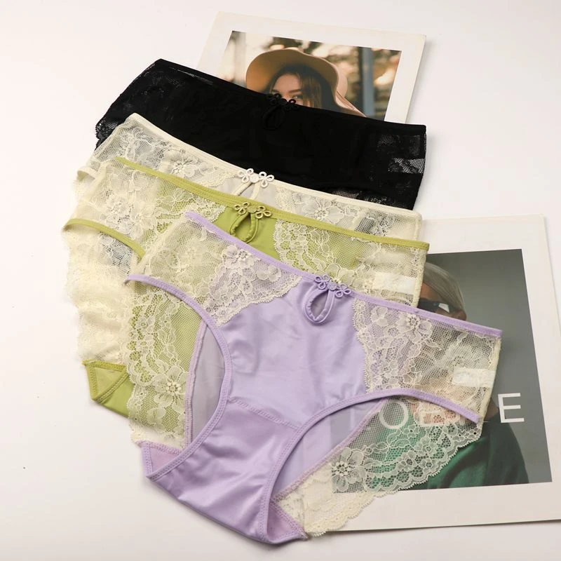 柔色铭欧美缎面蕾丝内裤女士青春包臀诱惑网纱低腰无痕三角裤潮