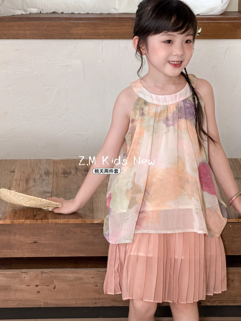【桃夭】2025夏季儿童挂脖背心上衣裙裤两件套女童套装B-58402