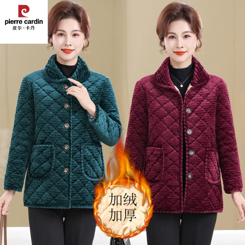 皮尔卡丹冬季新款妈妈装洋气棉衣加绒保暖小棉袄中老年加厚保暖棉