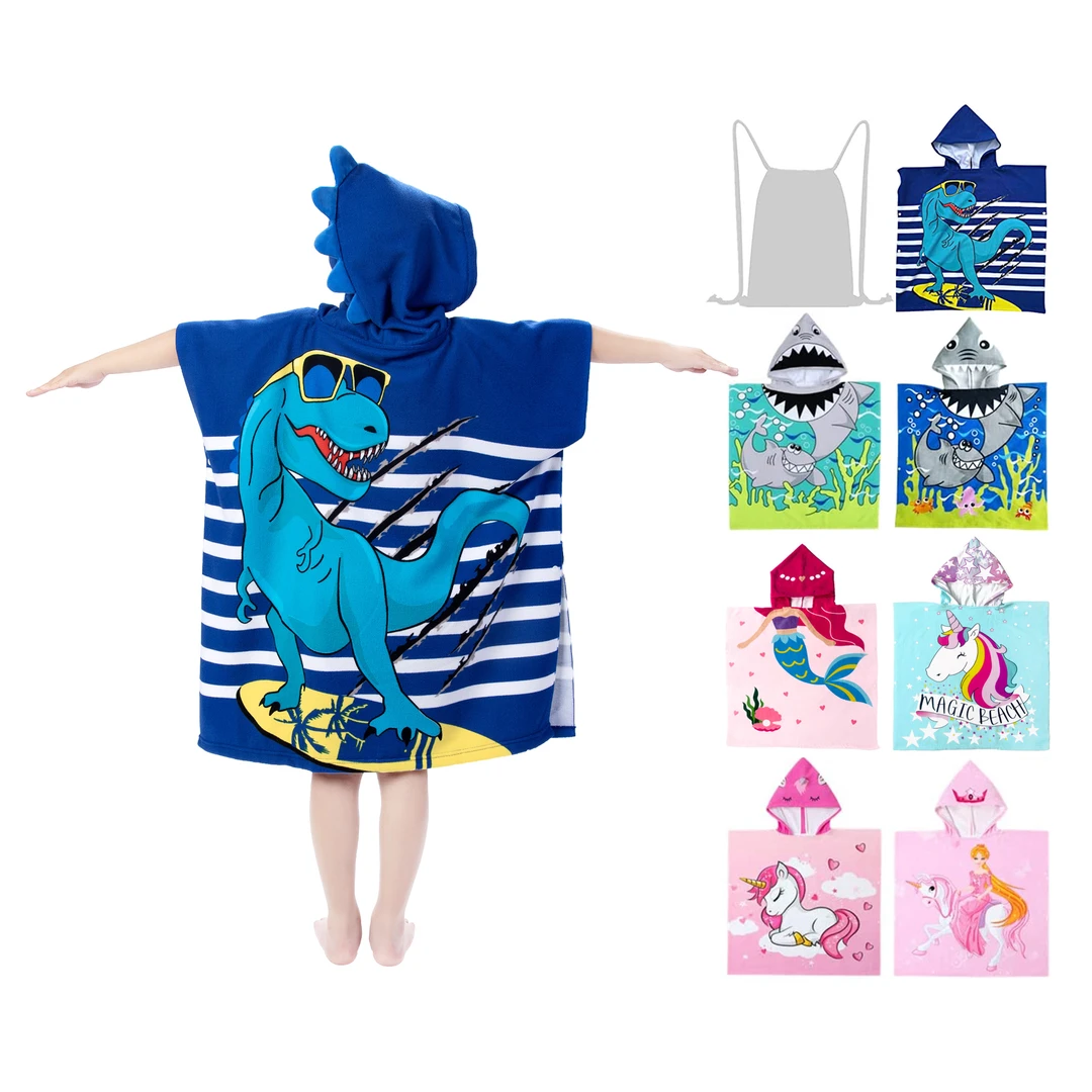 超细纤维儿童浴袍斗篷3~10岁可爱动物印花吸水速干游泳洗澡使用