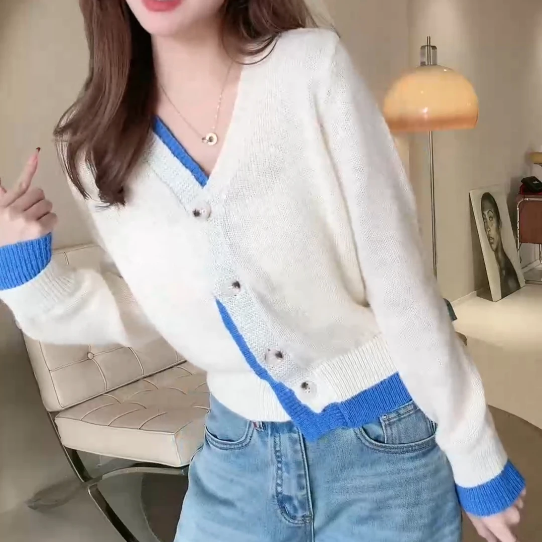 新款秋冬洋气拼色v领毛衣小外套温柔减龄长袖针织开衫LK2501136-1